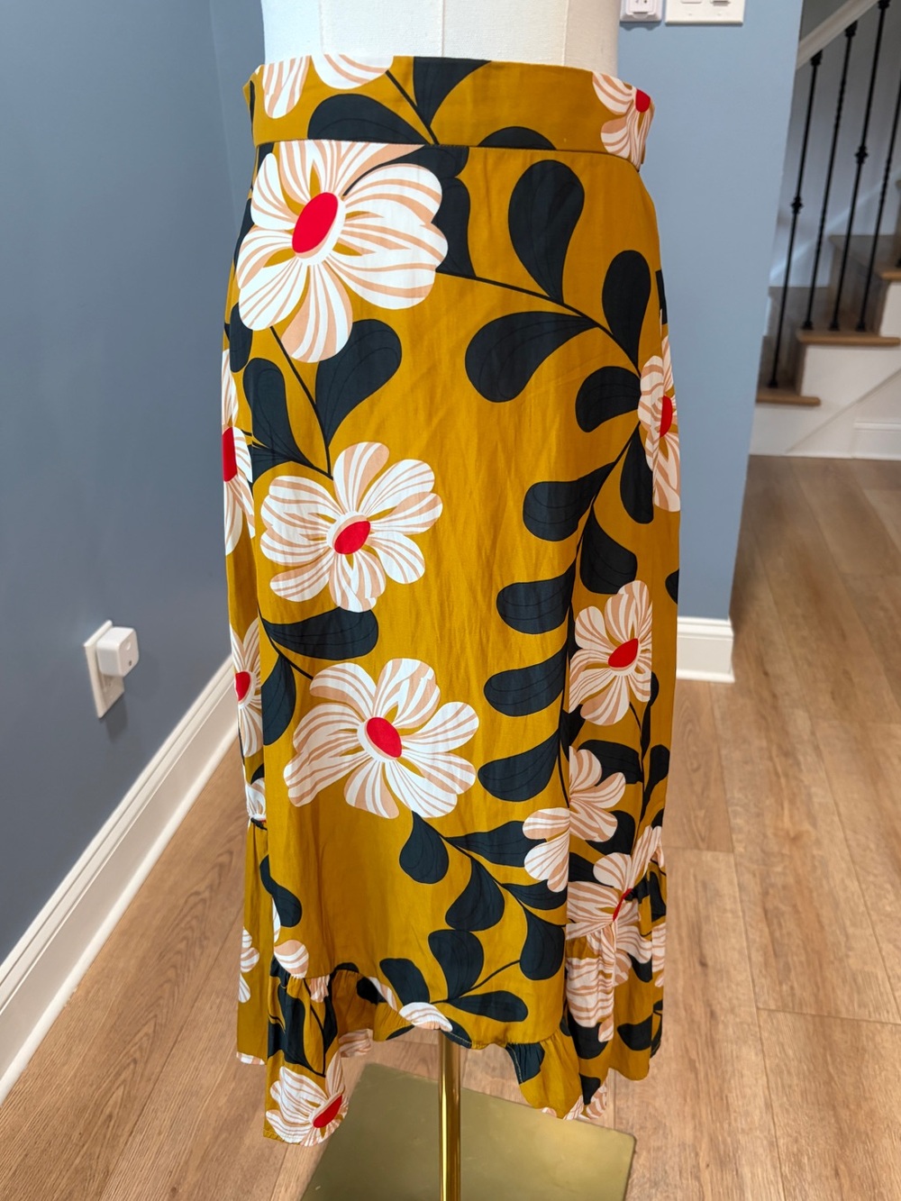 Eva Franco Anthropologie Floral Ruffle Midi Skirt Mustard Size 8
